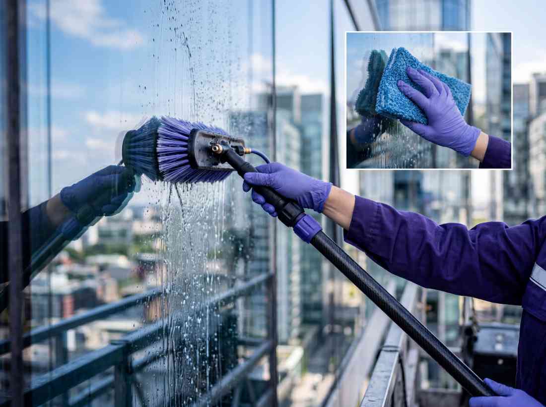 Water-fed pole system for safer exterior cleaning.